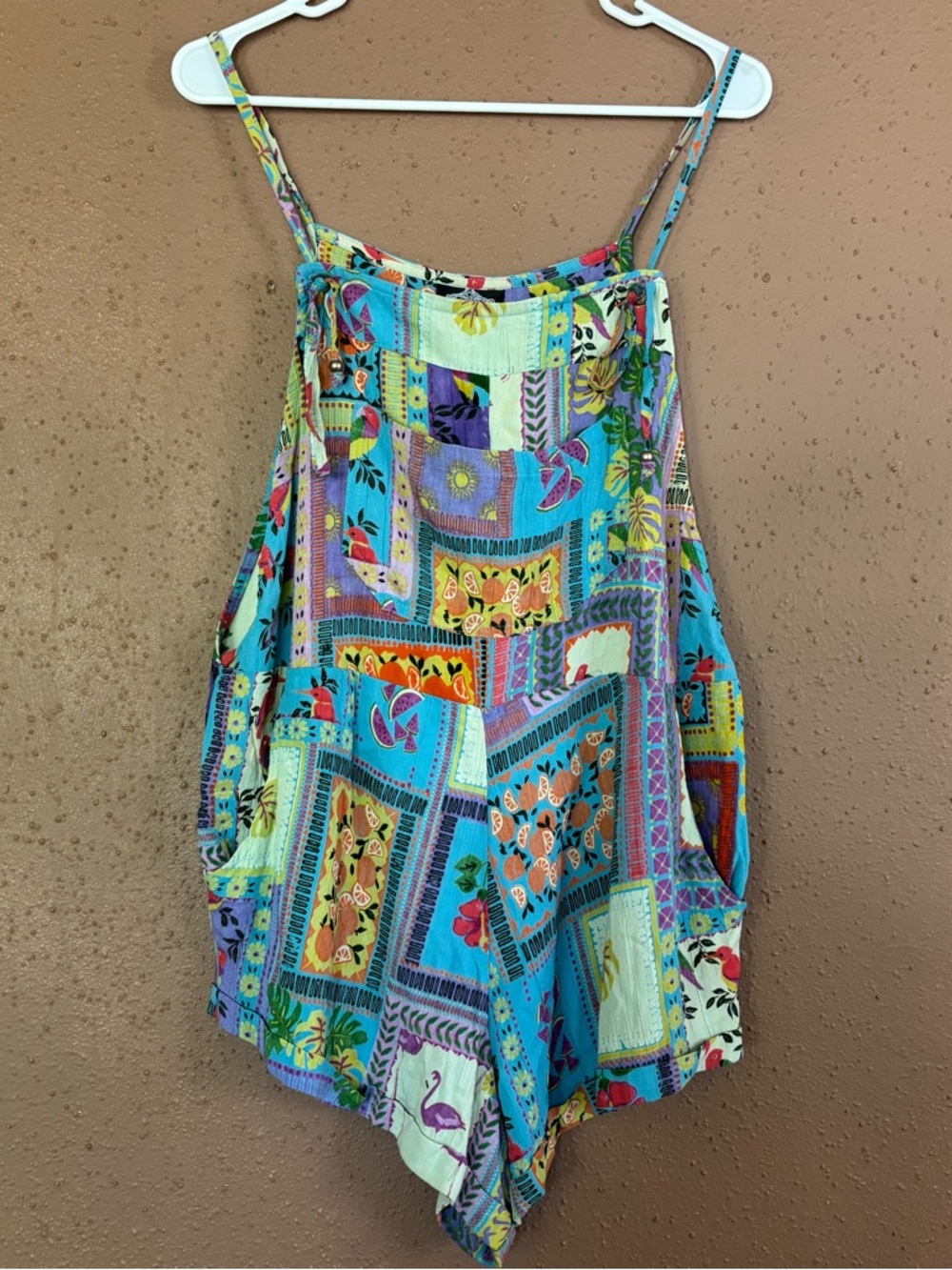 Angie Women Tropical Patchwork Romper Multi-Color Parrot Flamingo Size M NWT